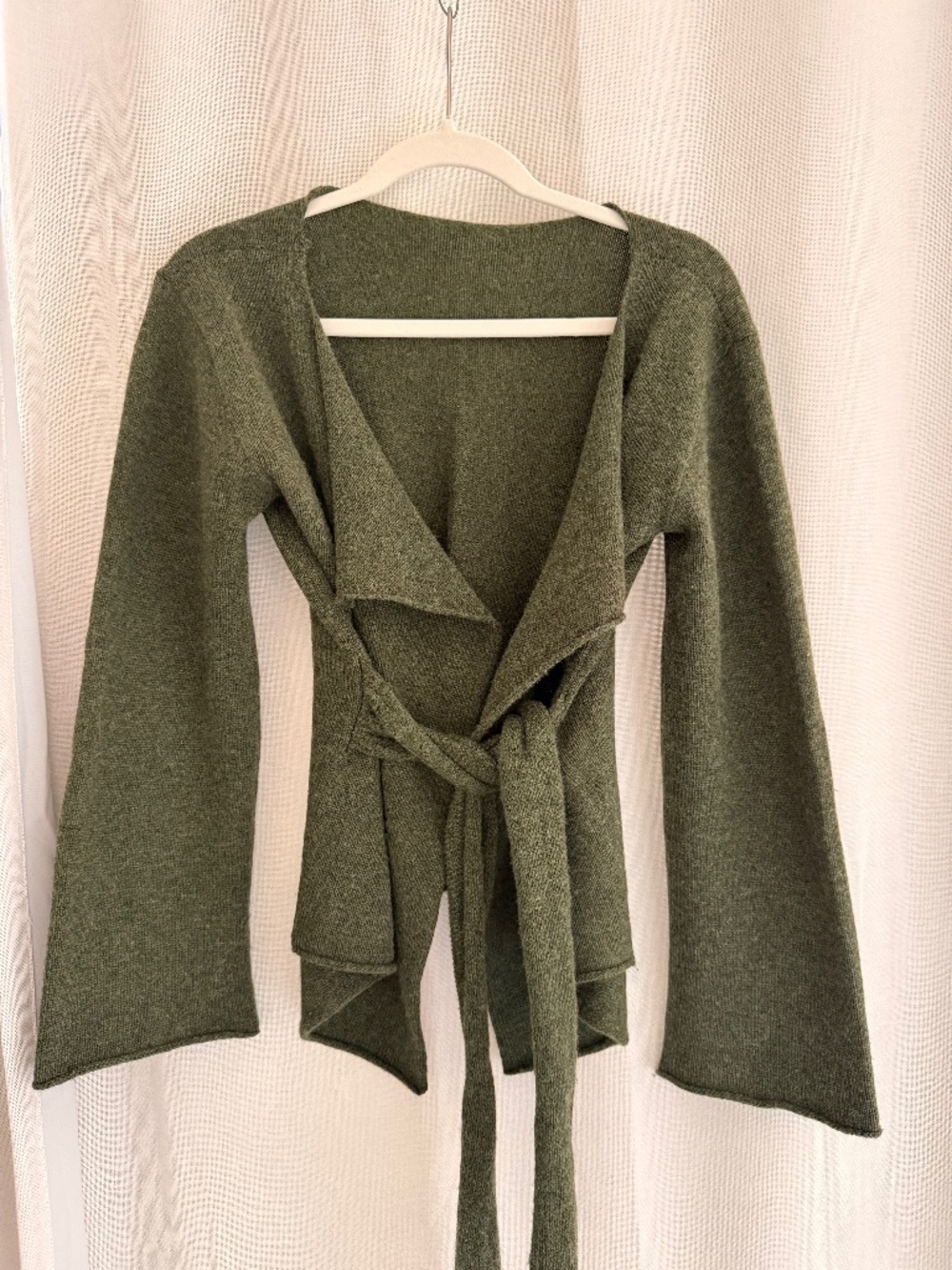 Cashmere Tie Front Wrap Cardigan Sweater Wide Bell Sleeve